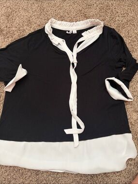 Elle Black Blouse with White Ruffle Tie and Hem